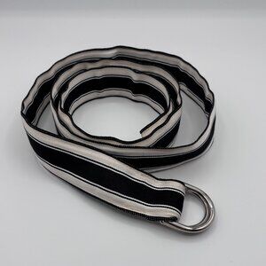 Y2K Preppy Ribbon Belt XL Black Cream Striped Double D-Ring Metal Golf Cinch